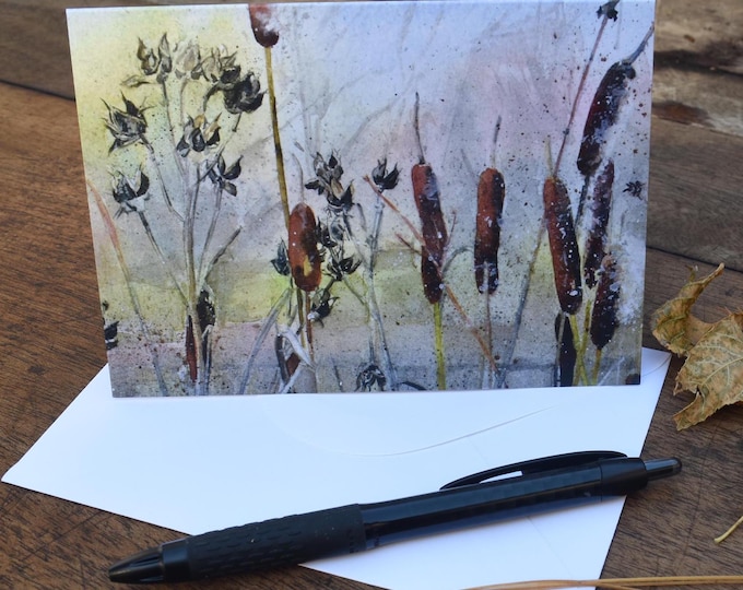 Winter Cattails (C64) -- Blank Greeting Card, Watercolor, Nature, Holiday Card