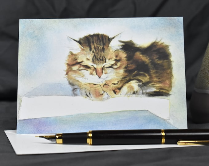 Sleepy Nika the Siberian Cat (C15) -- Blank Greeting Card, Watercolor, Nature, Pet Portrait
