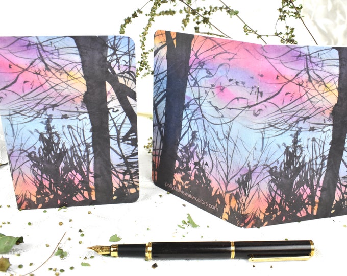 Sunset Trees  -- Pocket Notebook, Small Notebook, Blank Notebook, Watercolor Print