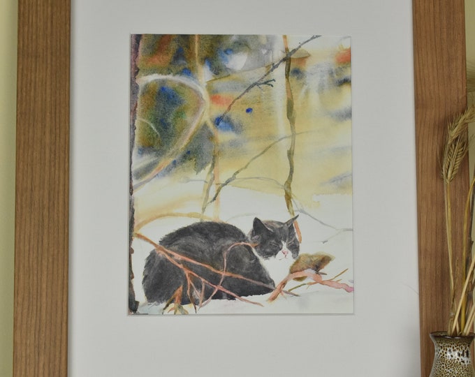 Sleepy Gray Cat in Snow-- Watercolor Print, Nature Print, Giclee Art Print, Wall Art