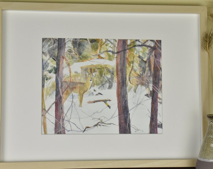 Deer in Snow Through Tree Trunks -- Watercolor Print, Nature Print, Giclee Art Print, Wall Art