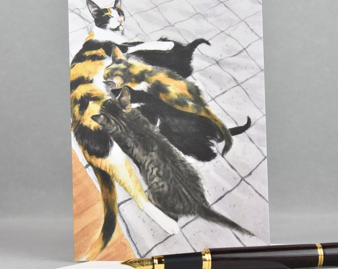 Mamma is Busy (C31) -- Blank Greeting Card, Watercolor, Nature, Cats, Kittens, Mother's Day
