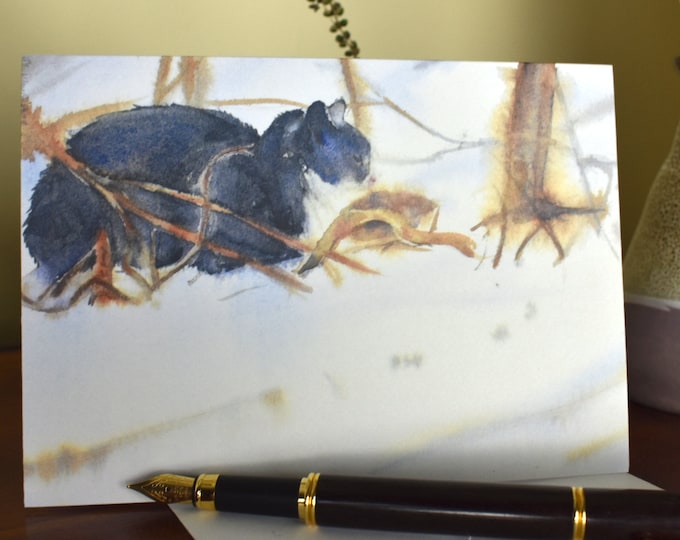 Gray Cat Waits in the Snow (C5) -- Blank Greeting Card, Watercolor, Nature, Holiday Card
