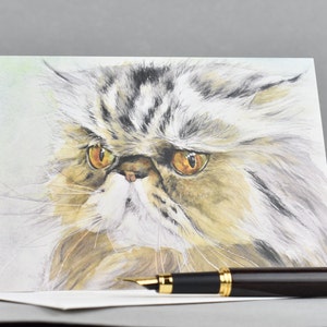 Sophie is Thinking (C32) -- Cartão de felicitações em branco, aquarela, natureza, gatos, persa, retrato de animal de estimação