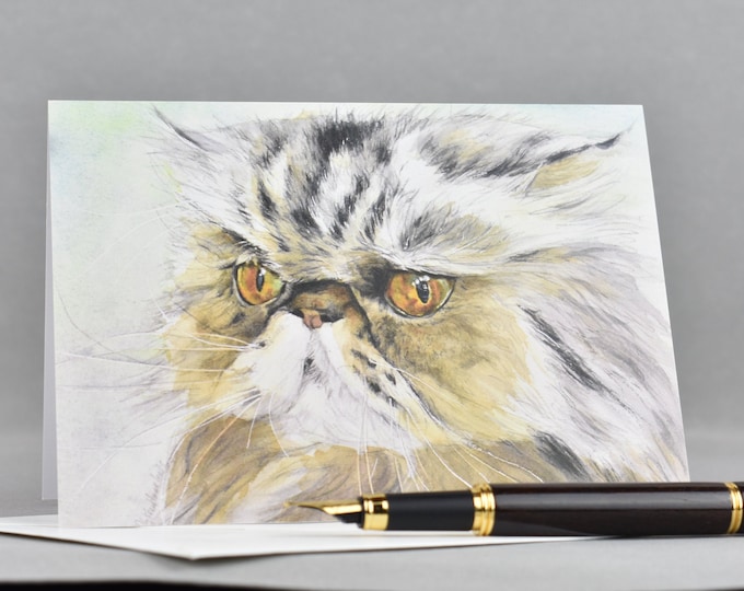 Sophie is Thinking (C32) -- Blank Greeting Card, Watercolor, Nature, Cats, Persian, Pet Portrait