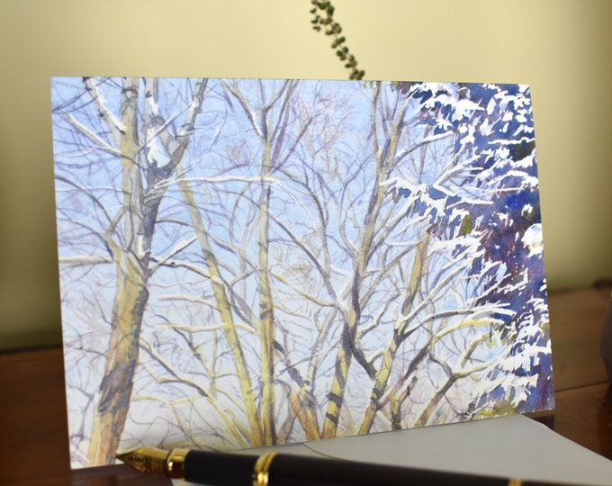 Snow Melting in the Morning (C7) -- Blank Greeting Card, Watercolor, Nature, Holiday Card