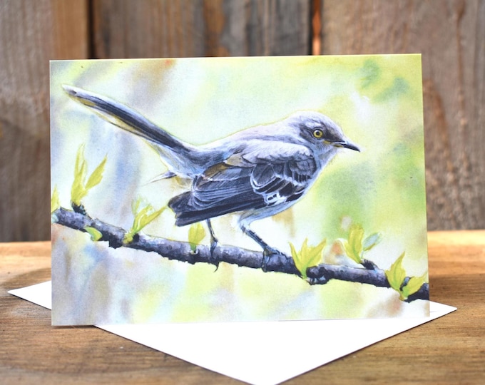 Spring Mocking Bird (C68) -- Blank Greeting Card, Watercolor, Nature, Birds, Spring
