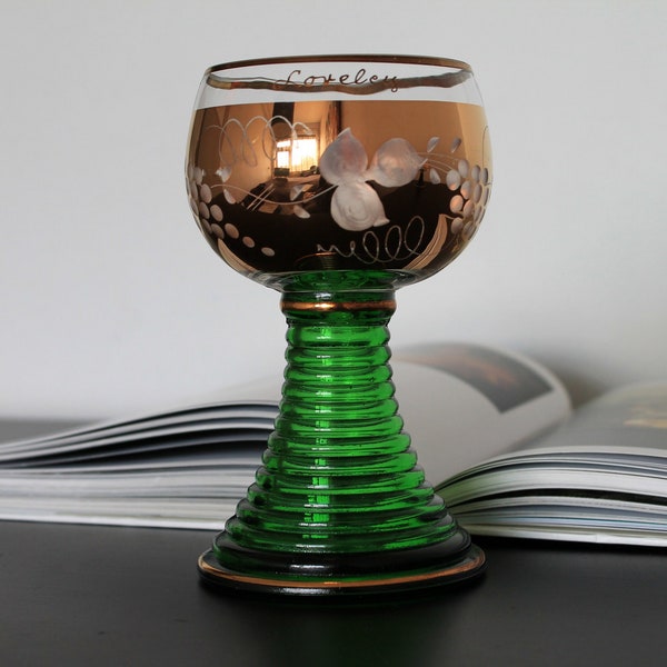Roemer Wine Glass | Vintage Large German Green Stemmed Footed Olive Golden Crystal Goblet | German Souvenir