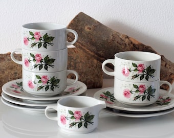 Villeroy & Boch Pink Roses | Vintage Tea Coffee Set | 5x Cup and Saucer | Creamer | Milk Jug | Flowers