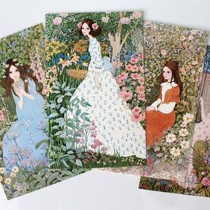 Cartes postales romantiques Fille Champs de fleurs | Cartes de vœux printemps été | Imprimé en Angleterre | Carte postale pliée en deux avec des peintures à l'aquarelle