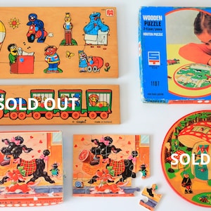 Vintage Wooden Puzzels / Simplex / Jumbo Toys / Farm Animals / Jig-Saw Dogs / Train / Muppets / Dutch Toddler Children / Made in Holland