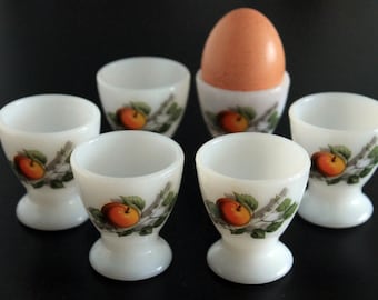 Arcopal Fruits de France Egg Cup 6x | Fruits of France Vintage Egg Holder Set | Milk Glass Egg Cups | Opaline Glass Easter Gift