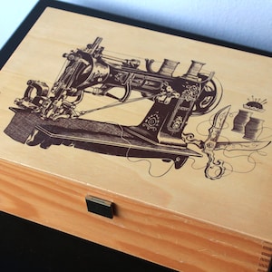 Sewing Box Thread Storage | Vintage Wooden Storage | Hobby Box Light Wood | Vintage Sewing Machine Image