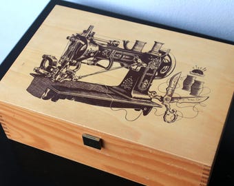 Sewing Box Thread Storage | Vintage Wooden Storage | Hobby Box Light Wood | Vintage Sewing Machine Image