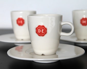 Douwe Egberts Espresso Cup & Saucer 3x Classic White with Red Label Logo | DE Holland | Typical Dutch | Vintage Blokker