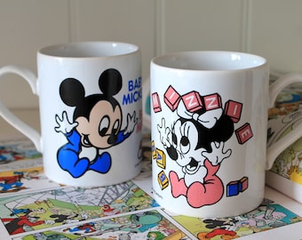 Baby Mickey Mouse & Baby Minnie Mouse | Vintage Set of 2 Coffee Tea Mugs | Walt Disney Company 1984 1987 | Coloroll KilnCraft England