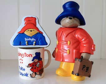 Paddington Bear Set | Take a Break Mug | Ceramic Coffee Tea Cup Douwe Egberts | Plastic Toy Figurine Shampoo Bottle | Tinnen Box 90s