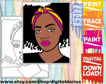 Disegni da colorare di Donna Nera, Melanin svg, Bandana svg, Black History svg, Pagina da colorare per adulti stampabile, Tela di pittura stampabile, Paint Party