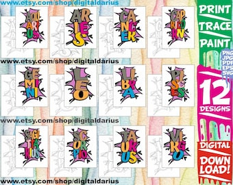 Zodiac Sign Bundle Coloring Pages, Comic Bubbles, Printable Paint Canvas, Horoscope svg, Adult Printable Coloring Page, Paint Party, Digital