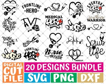 20x Nurse Designs Bundle svg, Nurse Stethoscope svg, Heartbeat svg, Medical Hero, File for Cricut, Silhouette, Vector, svg files for cricut