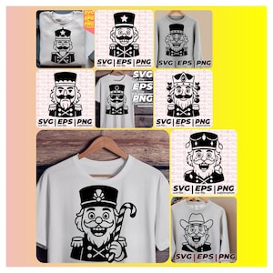 Puede incluir: Una colección de camisetas y sudaderas blancas y grises con diseños de cascanueces en blanco y negro. Los cascanueces tienen varias expresiones y llevan sombreros y uniformes. Algunos diseños incluyen el texto "SVG EPS PNG".