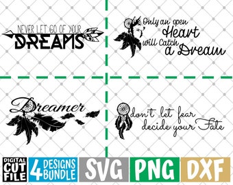 4x Dreams Quote  Designs Bundle svg, Feather svg, Boho dreamcatcher svg, Wolf svg, File for Cricut, Silhouette, Vector, svg files for cricut