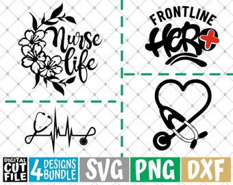 4x Nurse Designs Bundle svg, Nurse Stethoscope svg, Heartbeat svg, EKG, Hero svg, File for Cricut, Silhouette, Vector, svg files for cricut