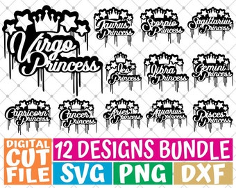 12x Zodiac Sign Bundle svg, Horoscope svg, Astrology, Dripping svg, Princess svg, File for Cricut, Silhouette, Vector, svg files for cricut