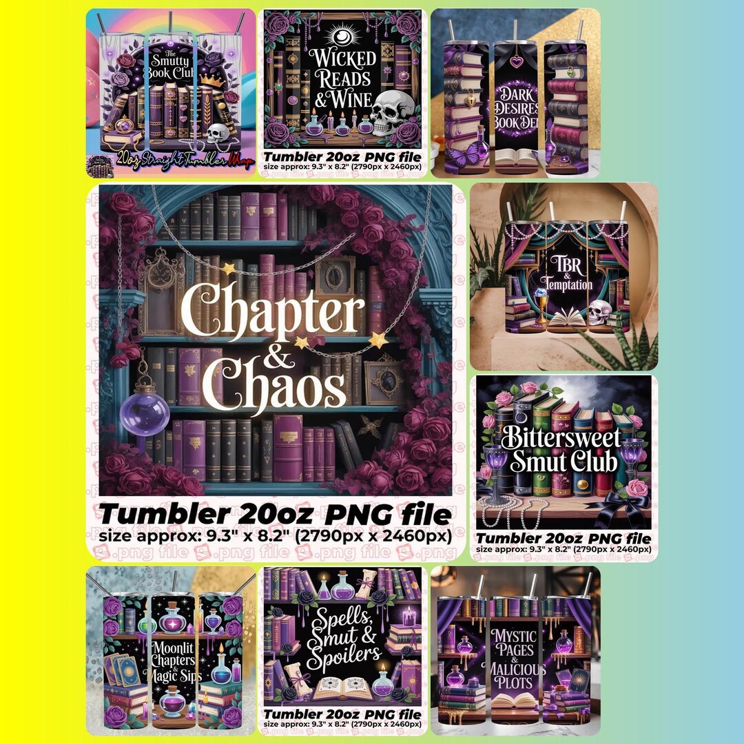 Book Club Tumbler Wrap PNG Bundle | 9 Bookish 20oz Sublimation Designs ...