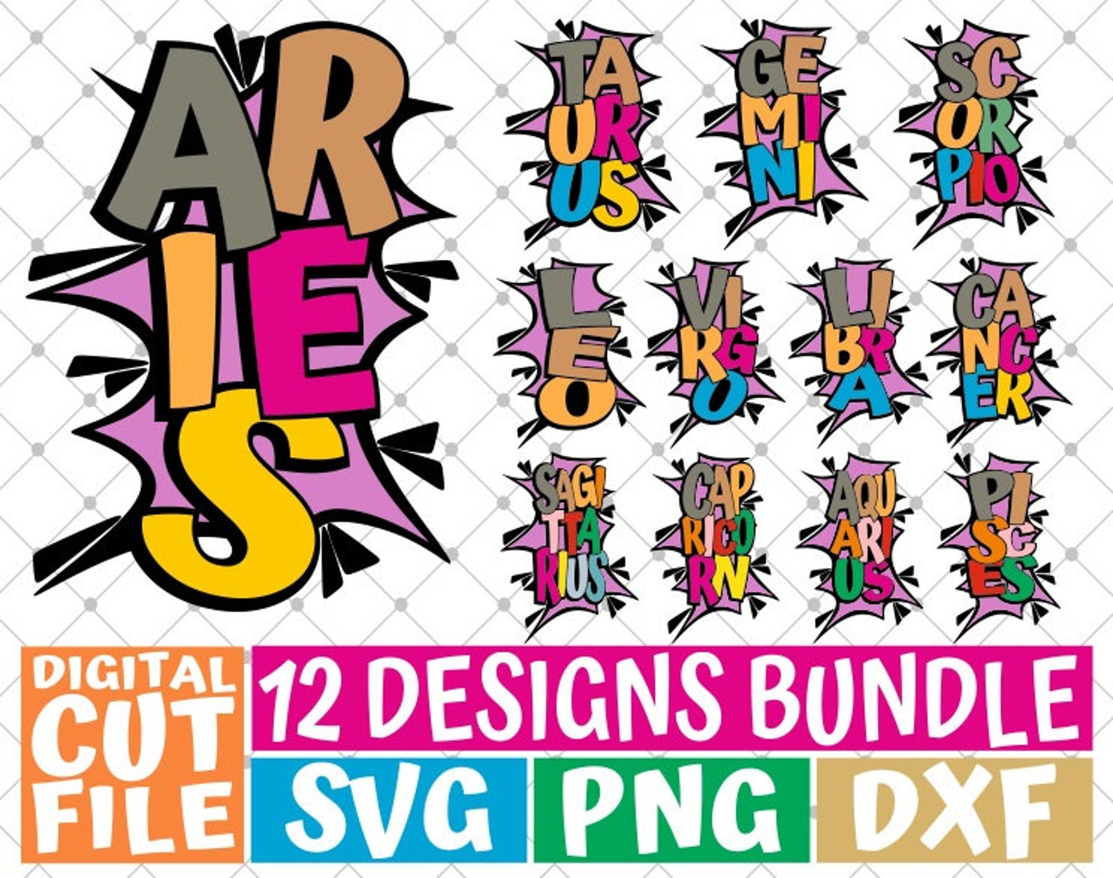 12x Zodiac Sign Bundle Svg Horoscope Svg Comic Bubbles Etsy