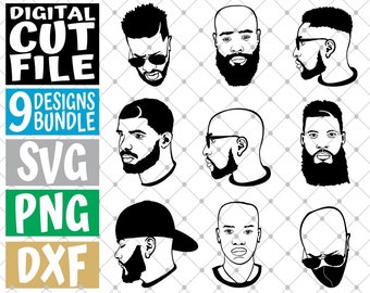 9x Afro Bearded Man Designs Bundle svg, Hipster Beard, Black Man, Bald Man svg, File for Cricut, Silhouette, Vector, svg files for cricut