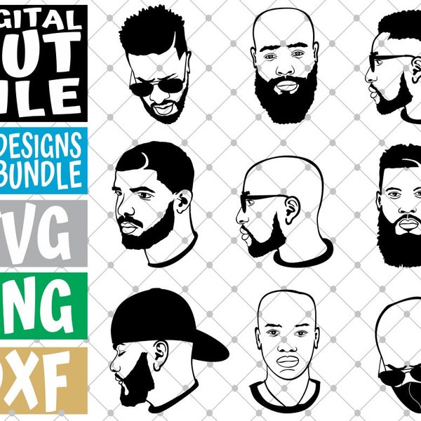 9x Afro Bearded Man Designs Bundle svg, Hipster Beard, Black Man, Bald Man svg, File for Cricut, Silhouette, Vector, svg files for cricut