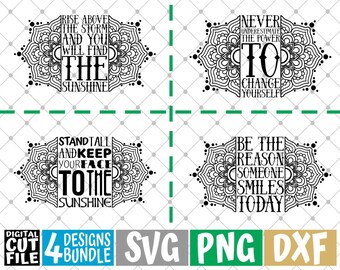 4x Sonnenblumen Mandala Zitat Designs Bundle svg, Sunshine, Gelb, Zentangle svg, Datei für Cricut, Silhouette, Vektor, svg Dateien für Cricut