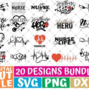20x Nurse Designs Bundle svg, Stethoscope svg, Heartbeat svg, Nurse Life svg, ECG, File for Cricut, Silhouette, Vector, svg files for cricut