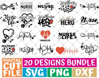 20x Nurse Designs Bundle svg, Stethoscope svg, Heartbeat svg, Nurse Life svg, EKG, File for Cricut, Silhouette, Vector, svg files for cricut