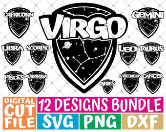 12x Zodiac Sign Bundle svg, Horoscope svg, Astrologia, Zodiac Glyphs Svg, Mascot, File for Cricut, Silhouette, Vector, svg files for cricut