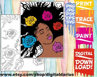 Woman Predrawn Printable Art, Melanin svg, Sleeping svg, Black History, Printable Adult Coloring Page, Printable Paint Canvas, Paint Party