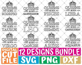 12x Sternzeichen Bundle svg, Horoskop svg, Sternzeichen Glyphen, Queen as born as svg, Datei für Cricut, Silhouette, Vektor, SVG-Dateien für Cricut