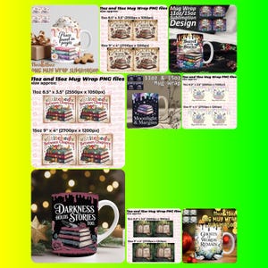 Op de afbeelding: Collectie mokwrap-ontwerpen met illustraties en citaten over boeken. Ontwerpen zijn onder meer "Peace found in pages", "Sacred Stories", "Moonlight & Margins", "Darkness Holds Stories Too" en "Ghosts Words Remain". Inclusief PNG-bestanden voor 11oz en 15oz mokken.