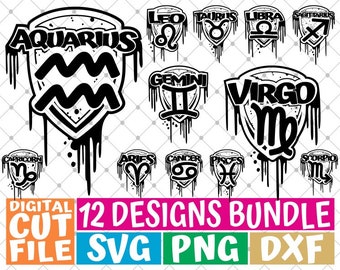 12x Zodiac Sign Bundle svg, Horoscope svg, Astrology, Dripping svg, Mascot svg, File for Cricut, Silhouette, Vector, svg files for cricut