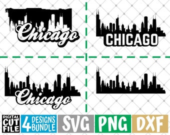 4x Chicago Design Bundle svg, Chicago Skyline svg, City svg, Wolkenkratzer, Amerika, Datei für Cricut, Silhouette, Vektor, svg Dateien für Cricut