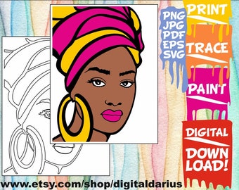 Woman Predrawn Printable Art, Melanin svg, Bandana svg, Black History, Printable Adult Coloring Page, Printable Paint Canvas, Paint Party