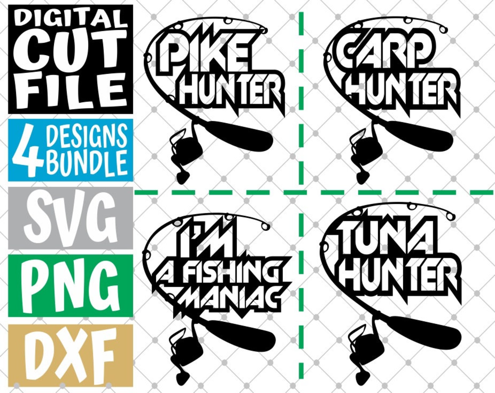 Download 4x Fish Hunter Designs Bundle svg Pike svg Tuna svg Fishing | Etsy