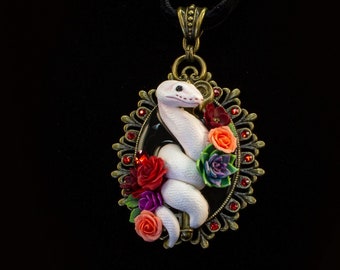 Snake necklace with flowers | White snake pendant | Serpent jewelry