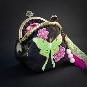 Moon moth purse handpainted | Mystical wallet | Vintage Gothic coin purse with green moth | Witchy gifts | Gift for her