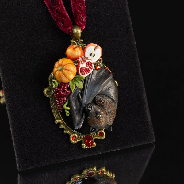 Fruit bat necklace | Handmade bat pendant with fruits | Bat jewelry