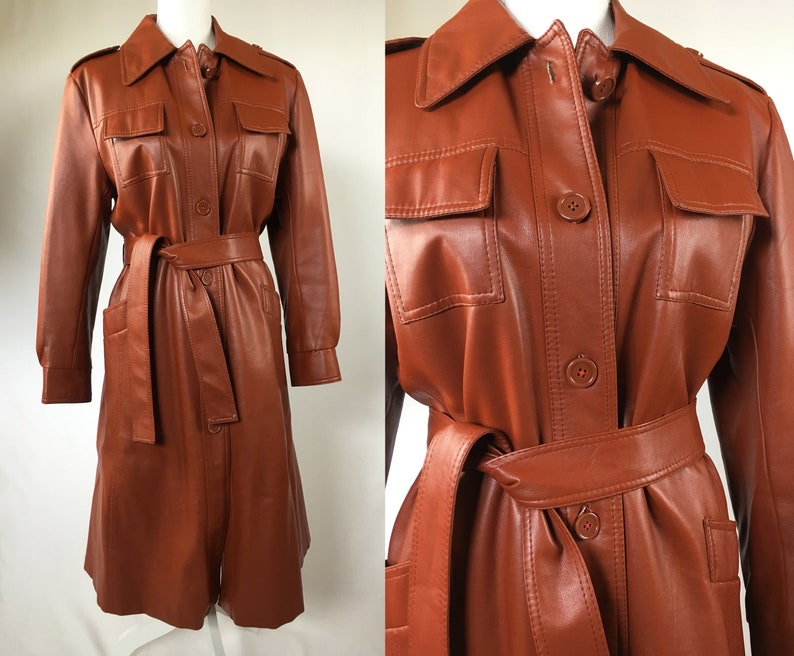 Vintage Faux Leather Trench Coat Long Jacket Vegan 90s