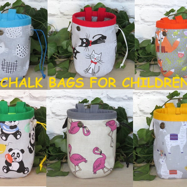 Small Chalk Bag for Children, Patterns with Cats, Foxes, Pandas, Flamingos, Small Climbing bag, Gift for Climber