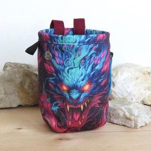 pink blue dragon graphic print on chalk bag for climber