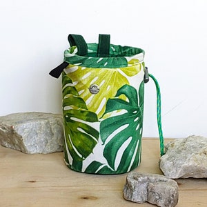 chalk bag with monstera green leaves print, flat bottom